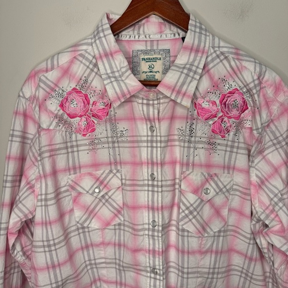 Panhandle Rough Stock Pink & White Plaid Floral Pearl Snap Button Down Size XL - Picture 3 of 13